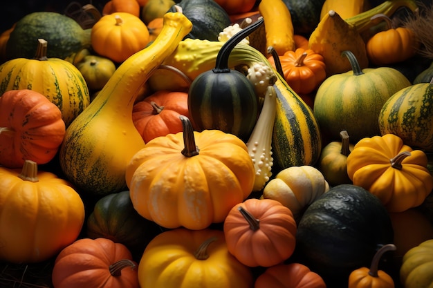 Pile of colorful gourds watercolor background