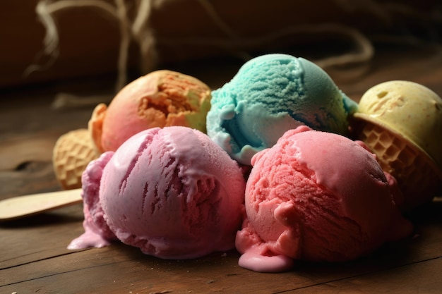 A pile of colorful ice creams on a wooden table.