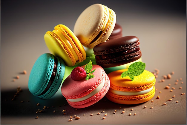 A pile of colorful macaroons with a strawberry on top.