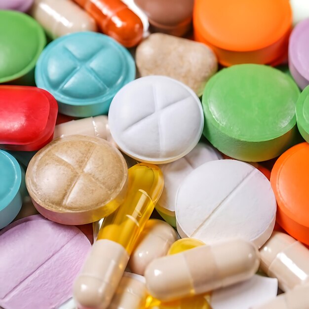 Photo pile of colorful medical pills on abstract background