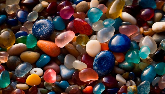 A pile of colorful pebbles is shown.