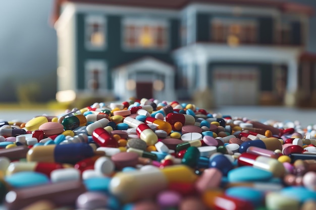 A pile of colorful pills is scattered on the ground in front of a house