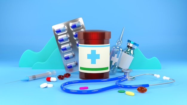 Pile of colorful pills and vaccine , pharmacy day concept, 3d\
rendering