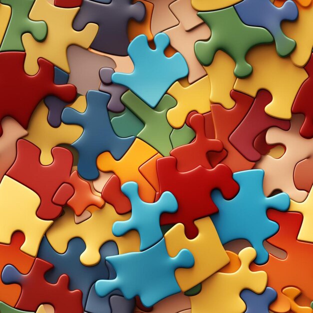 A pile of colorful puzzle pieces including one that says " puzzle ".