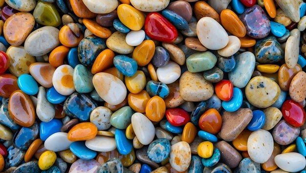 a pile of colorful rocks including one that has a red heart