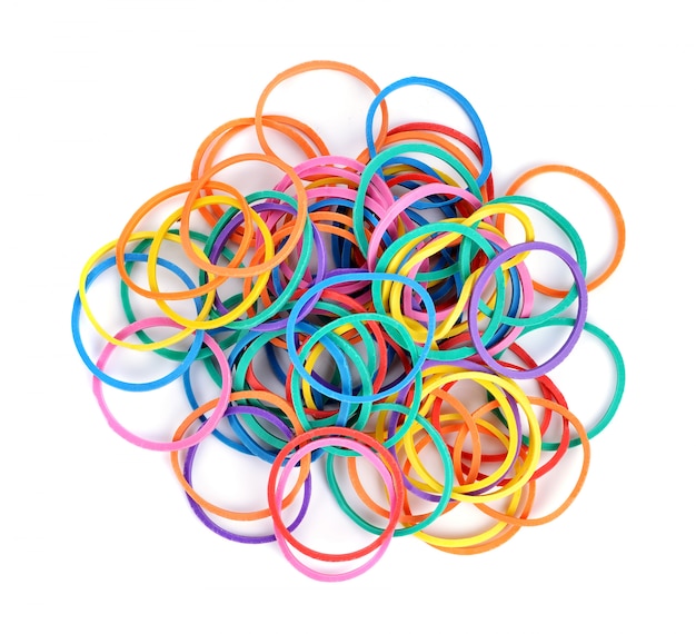 Pile of colorful rubber bands isolated on white.