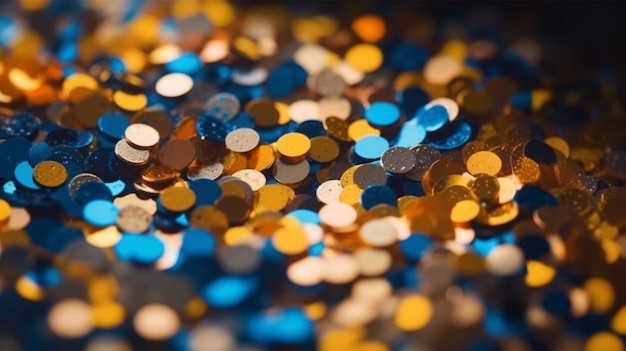 A pile of colorful sequins are scattered on a table.