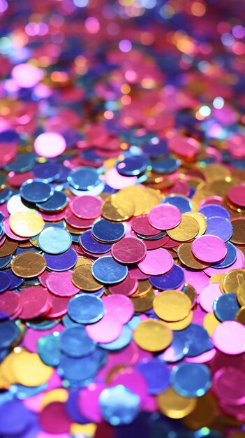 a pile of colorful shiny silver and purple coins