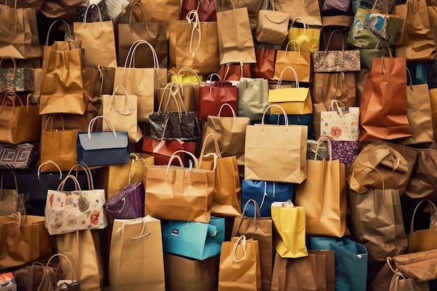 Pile of colorful shopping bags Over consumption and shopaholism Generative AI