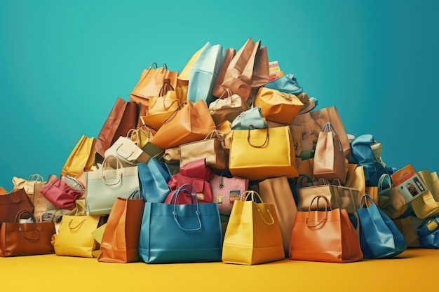 Pile of colorful shopping bags Over consumption and shopaholism Generative AI