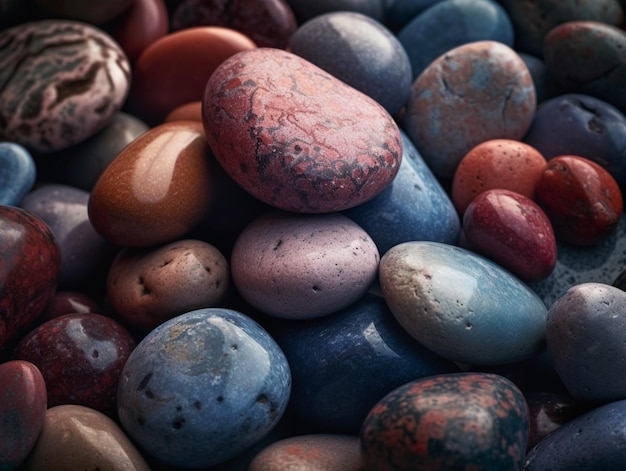 A pile of colorful stones with the word rock on the bottom