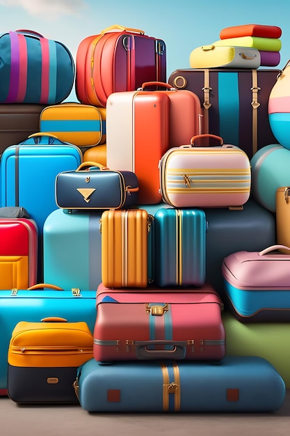 Pile of colorful suitcases luggage duffel bags and backpacks abstract travel and vacation