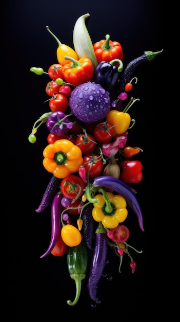 Foto un mucchio di verdure colorate su uno sfondo nero ai
