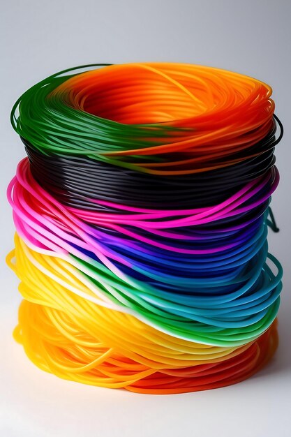 Pile of colourful abs plastic filament for 3d printer and pen on white background