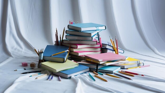 Pile of copybooks and stationery isolated on white