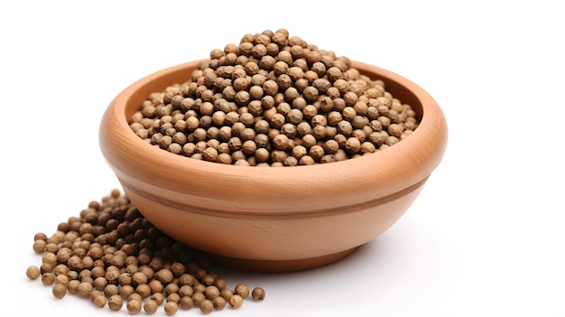 Pile coriander seeds in clay pot isolated on white