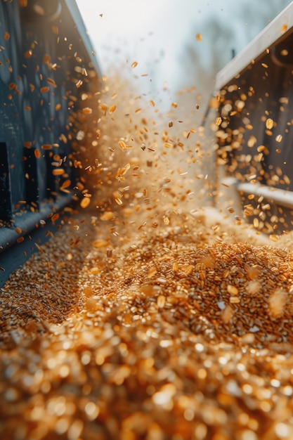 Foto un mucchio di mais che viene trasformato su un nastro trasportatore ideale per illustrare le industrie alimentari o agricole