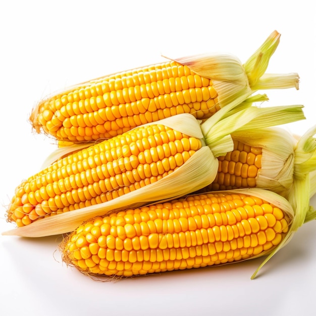 A pile of corn on the cob is on a white background.