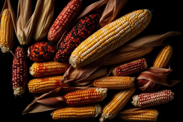 A pile of corn with red and black on the left and red on the right.