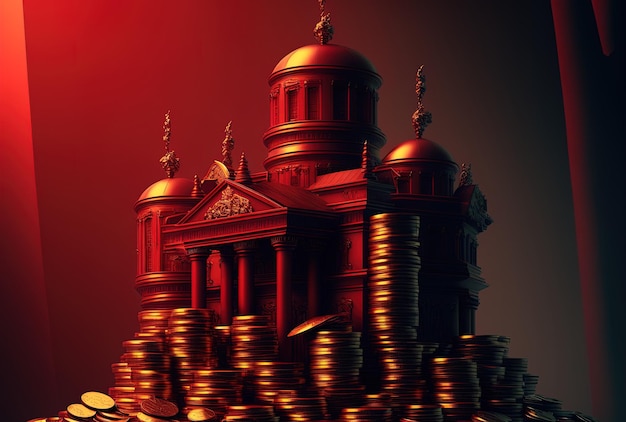 A pile of crimson buildings perched atop a stack of gold coins