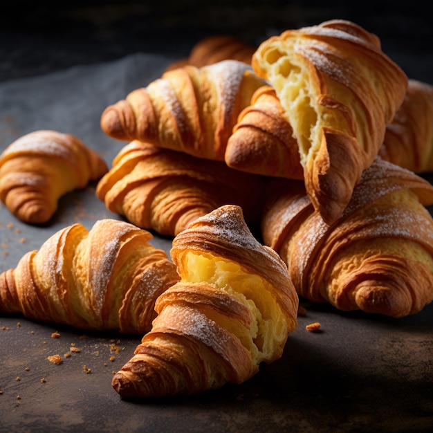 A pile of croissants with one being cut open.