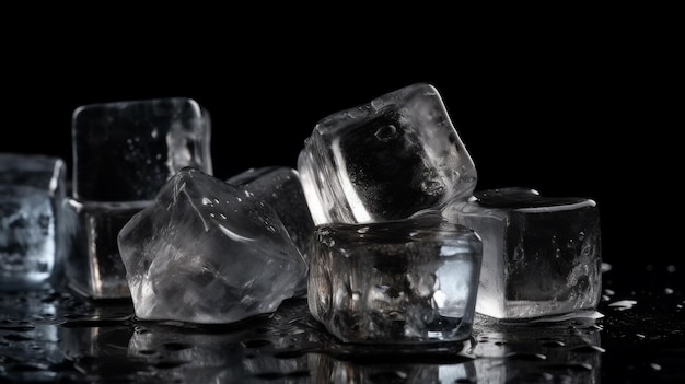 Pile of crystal clear ice cubes on black background AI generated