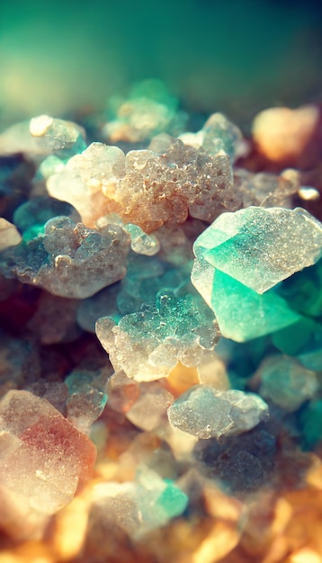 A pile of crystals that are colored with blue, green, and white