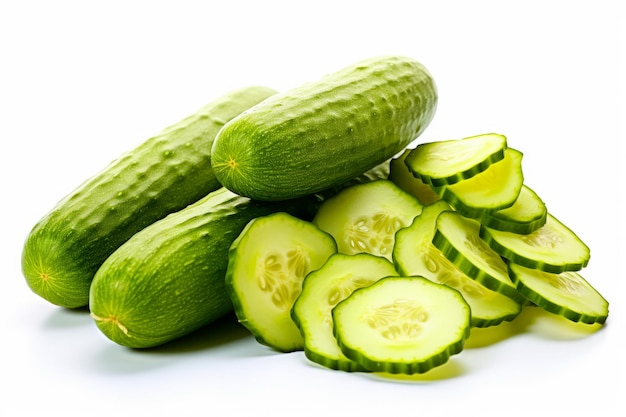 Pile of cucumbers sitting next to each other on white surface Generative AI