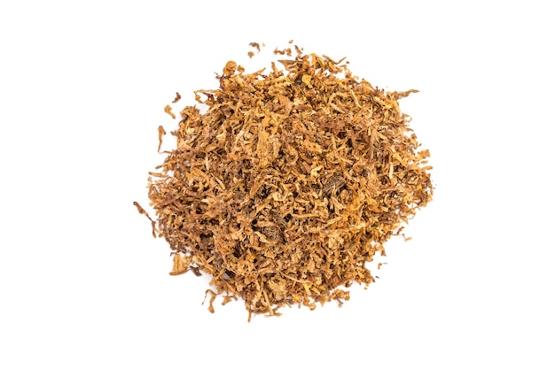 Pile of cut tobacco on white background Top view