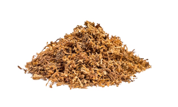 Pile of cut tobacco on white background