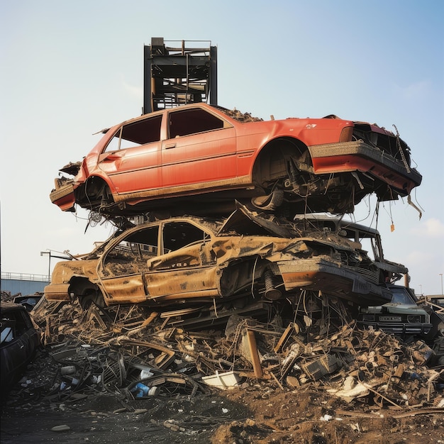 Pile of damaged and discarded cars stacked atop each other against a clear sky