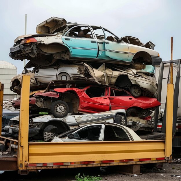 Photo pile of damaged vehicles stacked in a salvage yard showcasing the lifecycle of automotive parts and the importance of recycling