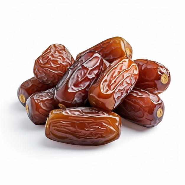 A pile of dates are on a white background.