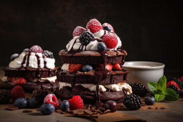 Pile of decadent chocolate desserts with whipped cream and fresh berries created with generative ai