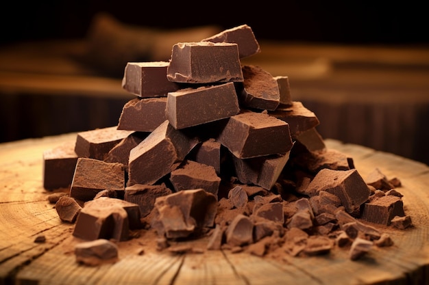 Pile of delectable chocolate chunks on wooden background