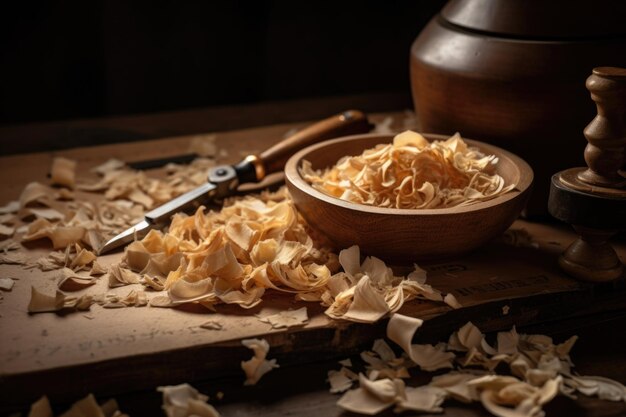 Pile of delicate wooden shavings next to carving knife created with generative ai