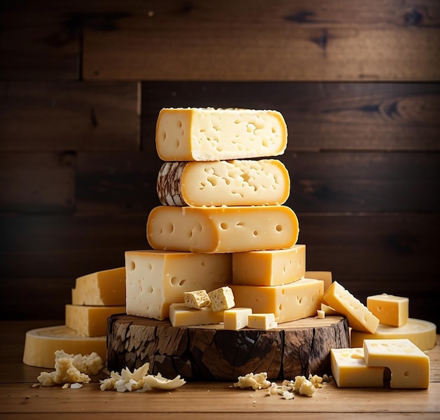 A pile of delicious cheese on wooden table and wood background