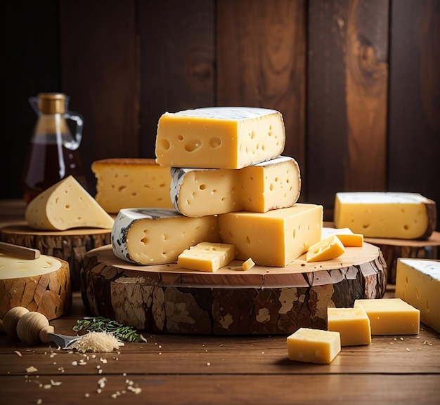 A pile of delicious cheese on wooden table and wood background