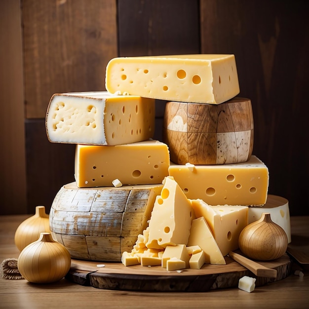 A pile of delicious cheese on wooden table and wood background