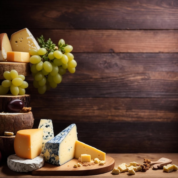 A pile of delicious cheese on wooden table and wood background