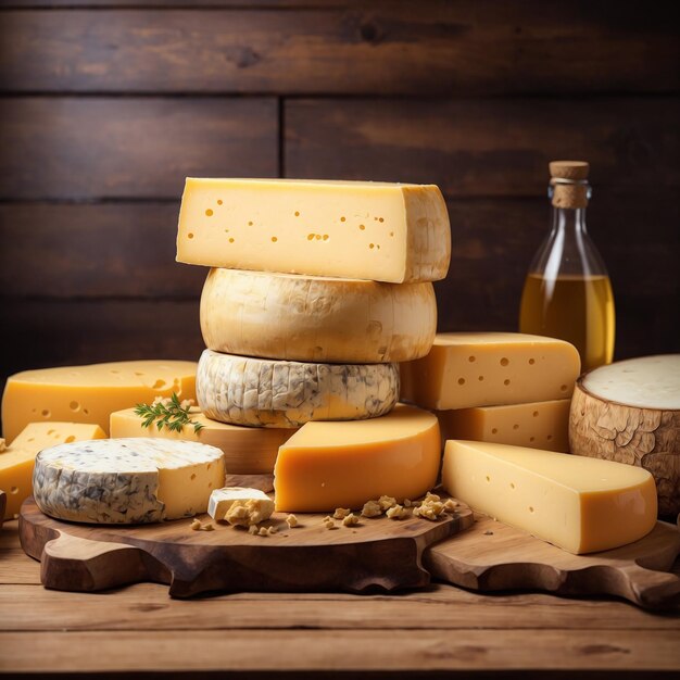 A pile of delicious cheese on wooden table and wood background