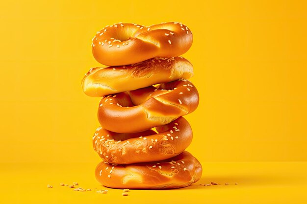 A pile of delicious pretzels resting on a backdrop of vibrant yellow