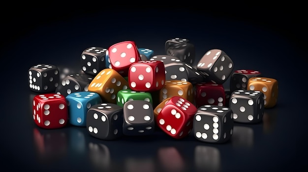 A pile of dice with one of them showing the number 7 on it.
