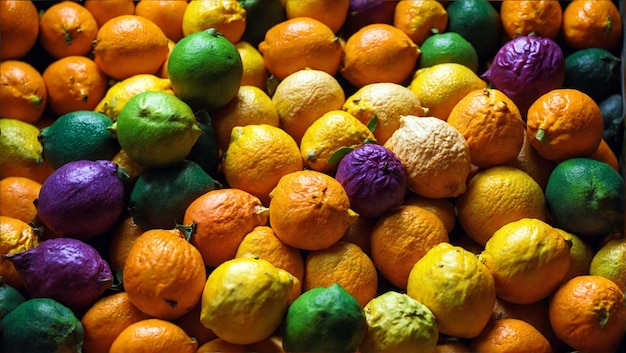 さまざまな色のレモンとオレンジの山