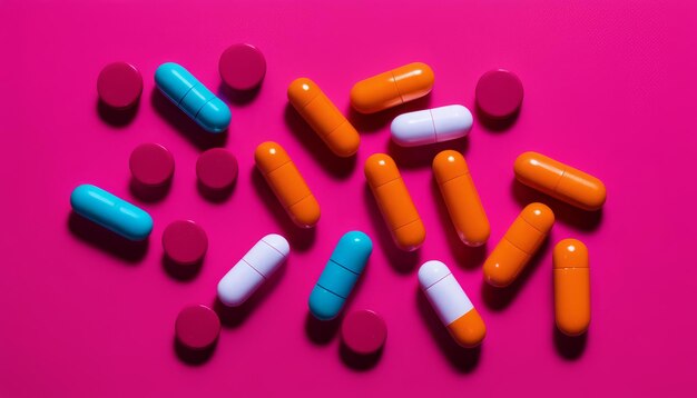 A pile of different colored pills on a pink background