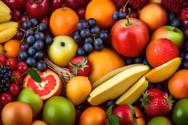 A pile of different fruits including bananas, and a banana