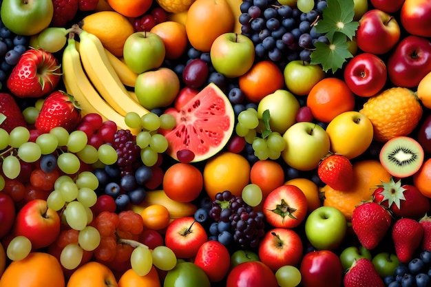 Photo a pile of different fruits including one that has a banana on it.