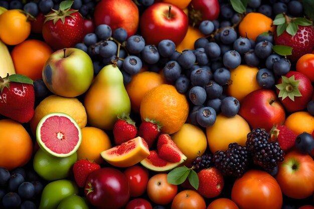 A pile of different fruits including one that has the word fruit on it