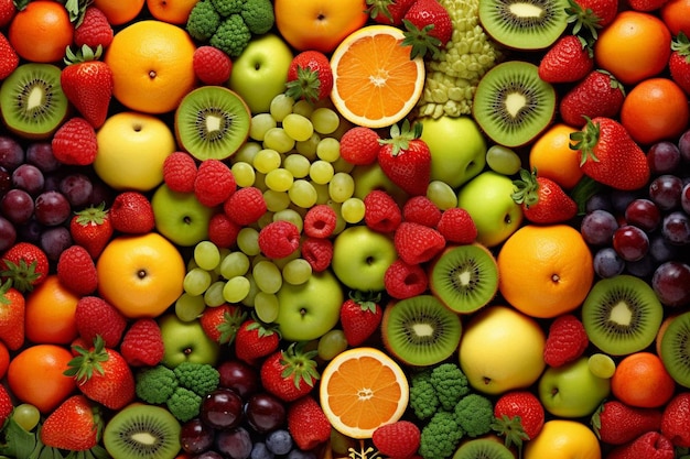 a pile of different fruits including one that says " eat ".