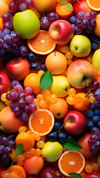 A pile of different fruits including oranges, grapes, and oranges